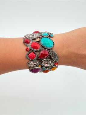 Statement Flexible Wire Cuff Bracelet Multicolor Cabochon Rhinestones